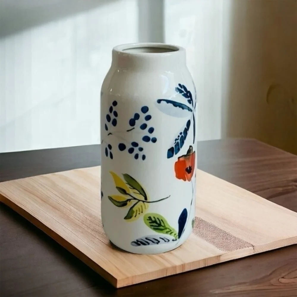 Threshold White Ceramic Vase Handcrafted Floral Print Stoneware 8
